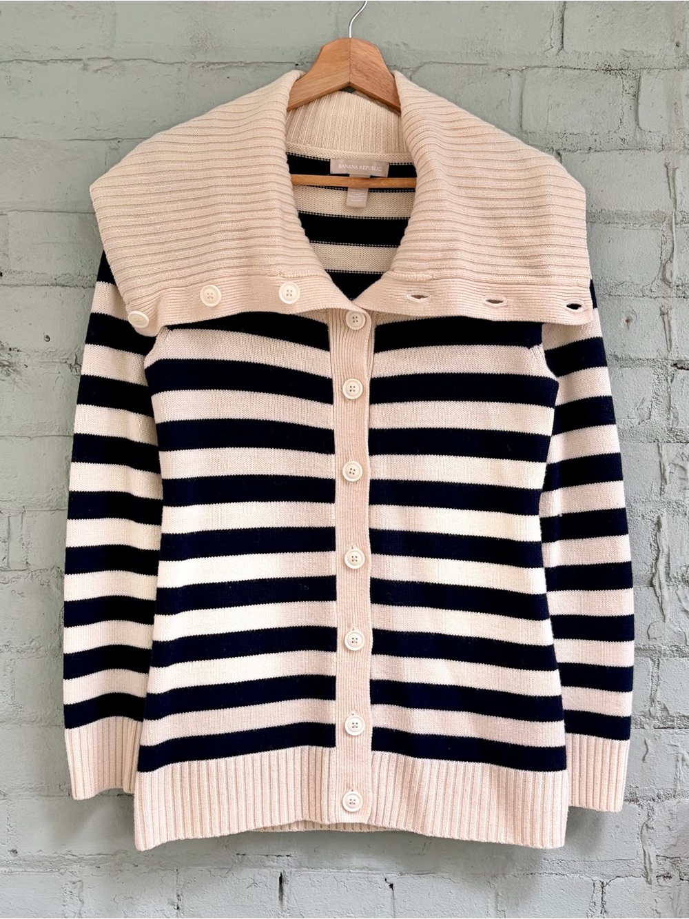 Nautical Striped Navy and Cream Merino Wool Cardigan with Sailor Collar